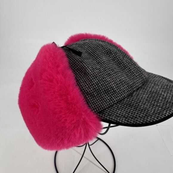 NWT Hat Attack Faux Fur Trapper Hat Bright Pink and Houndstooth Wool Blend - Picture 8 of 10
